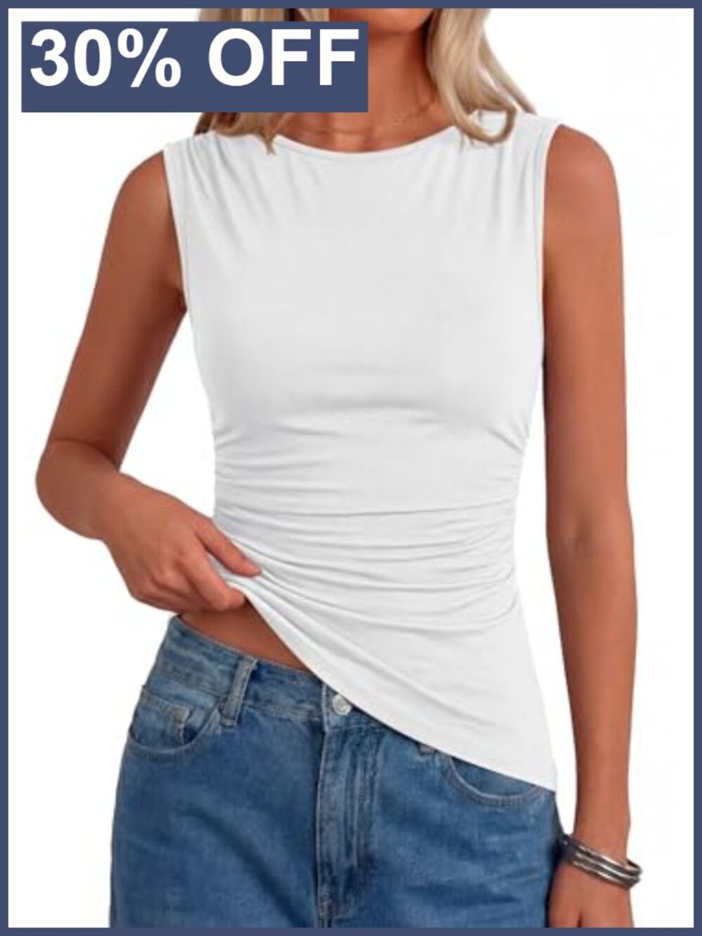 PRETTYGARDEN Boat Neck Ruched Asymmetrical Tank Top Sleeveless Slim Fit
